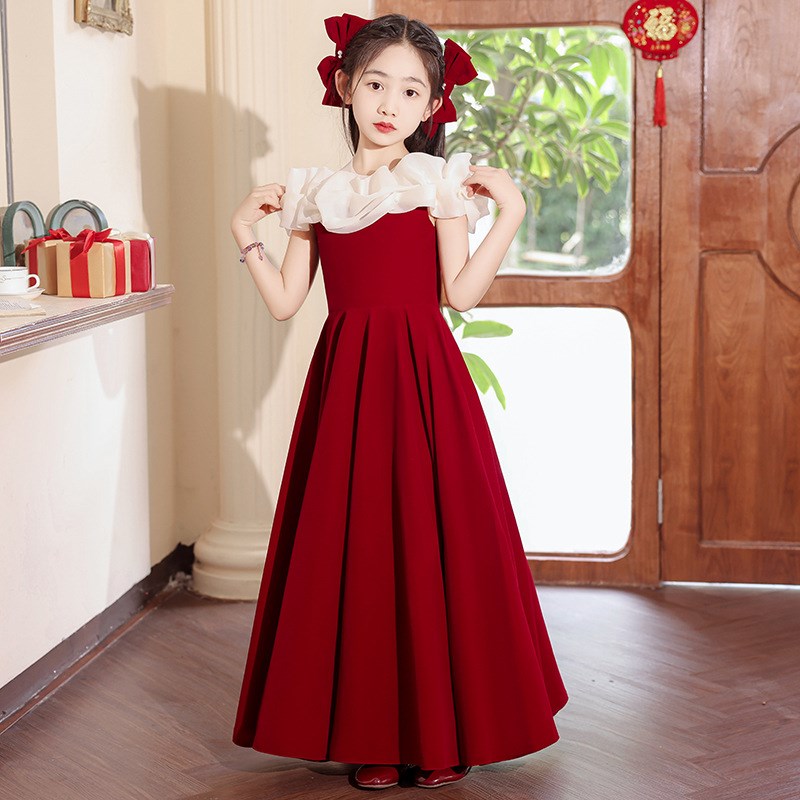 女童礼服红色花童婚礼小女孩生日公主裙儿童高端主持人钢琴演出服