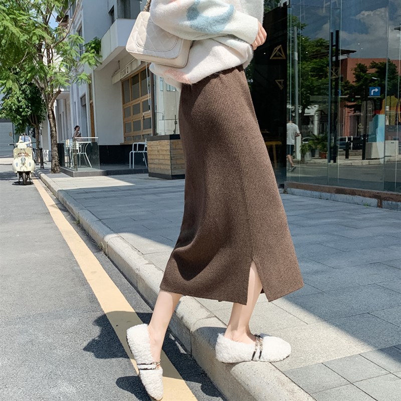 现货针织半身裙女春秋冬新款小个子高腰显瘦垂感直筒开叉a字中长