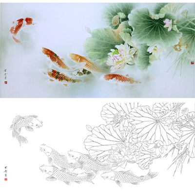 工笔底白描画稿打物勾u线实印稿龚雪青荷花锦鲤XQ64