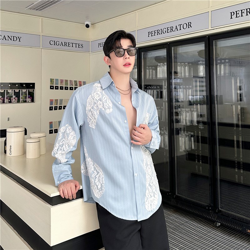秋季法式个性蕾丝拼接设计感长袖衬衣男韩版条纹网红小众休闲衬衫