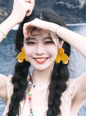 黄色花朵耳夹无耳洞海边度假风长款夸张耳坠小众独特新款气质耳饰