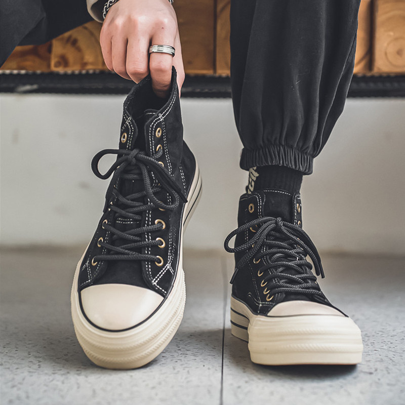 帆布男鞋冬季2024新款黑色高帮休闲板鞋学生小众韩版运动厚底布鞋,流行男鞋,帆布鞋,淘宝优惠券,粉丝福利购,淘宝优惠卷