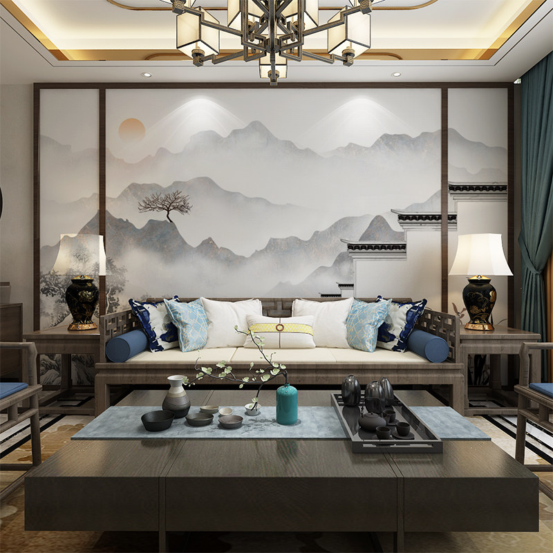 2022新款中式电视背景墙v徽派山水竹木纤维集成墙板客厅书房护墙