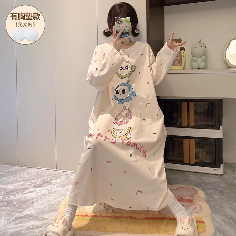 蛋仔卡通睡裙长款过膝带胸垫睡衣女春夏可外穿孕妇待产裙大码