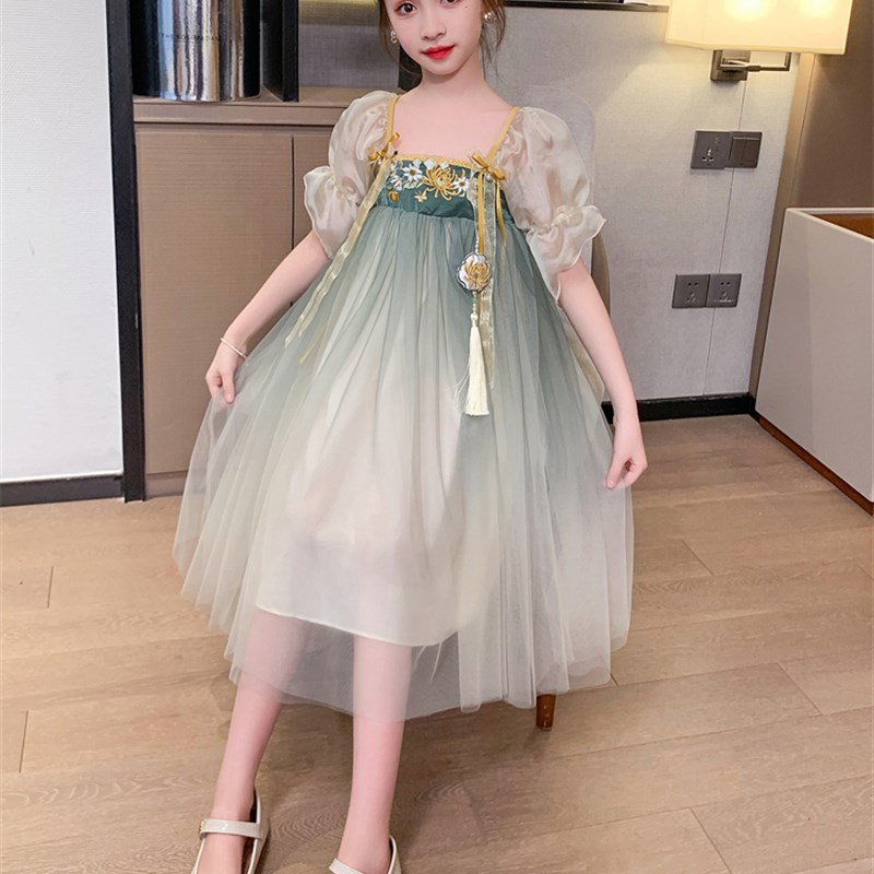 现货女童夏季汉服连衣裙儿童古装超仙改良襦裙P夏款女孩国风网纱
