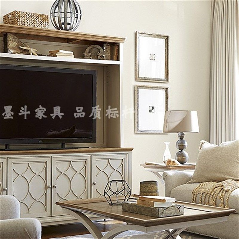 美式新款上市电视柜美式仿古全实木电视柜客厅四门白色酒水柜定制
