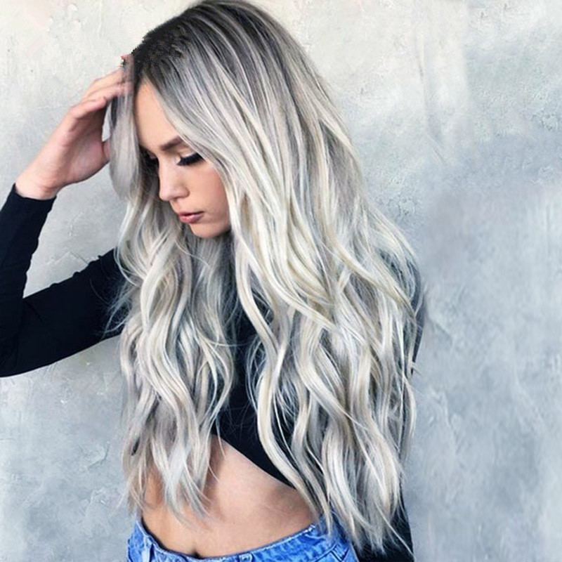 推荐Long Wavy Ombre Black To Light Grey Synthetic Wig For Wo