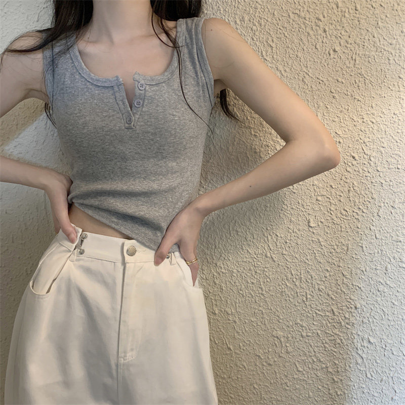 热销纯欲风灰色针织运动吊带背心女夏设计感小众辣妹内搭打底上衣