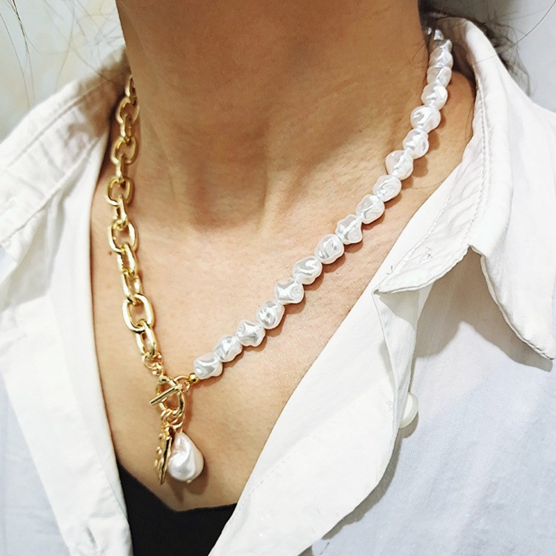 推荐KMVEXO Vintage Baroque Irregular Pearl Lock Chains Neckl