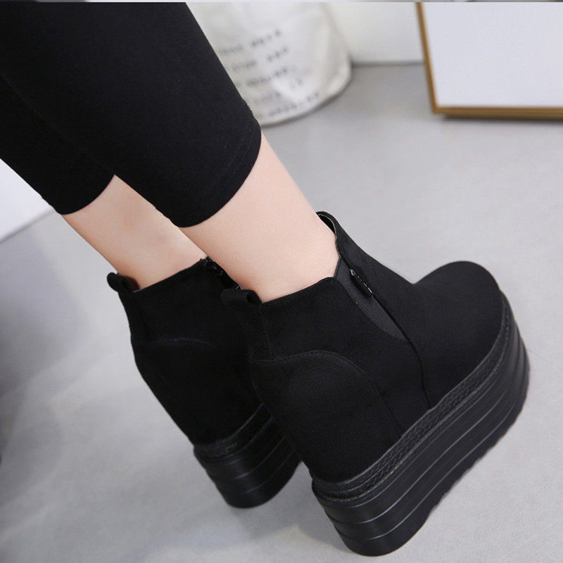 厚底松糕鞋12CM坡跟超高跟短靴秋冬新款防水台女靴绒面黑色马丁靴,女鞋,马丁靴,淘宝优惠券,粉丝福利购,淘宝优惠卷