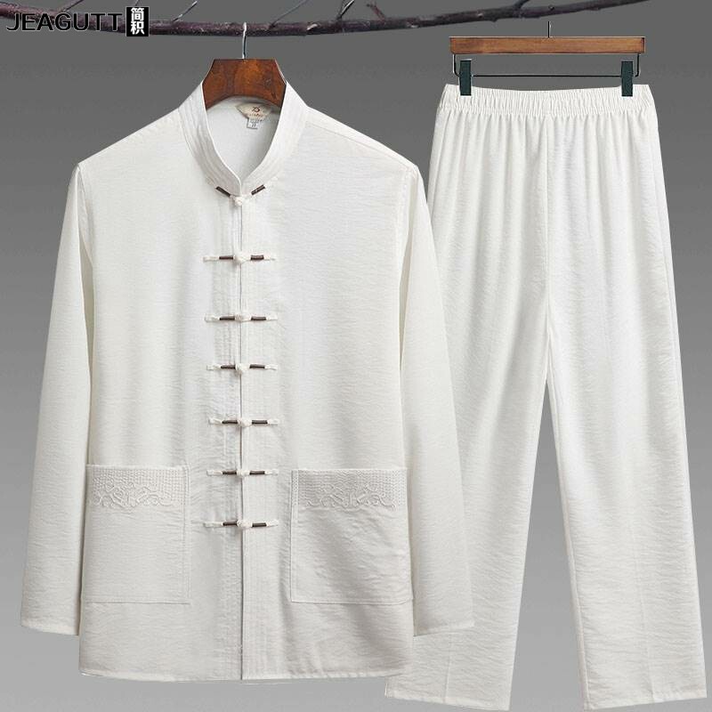 新款中老年人唐装男长袖棉麻套A装爸爸春夏装中式太极服汉服爷爷