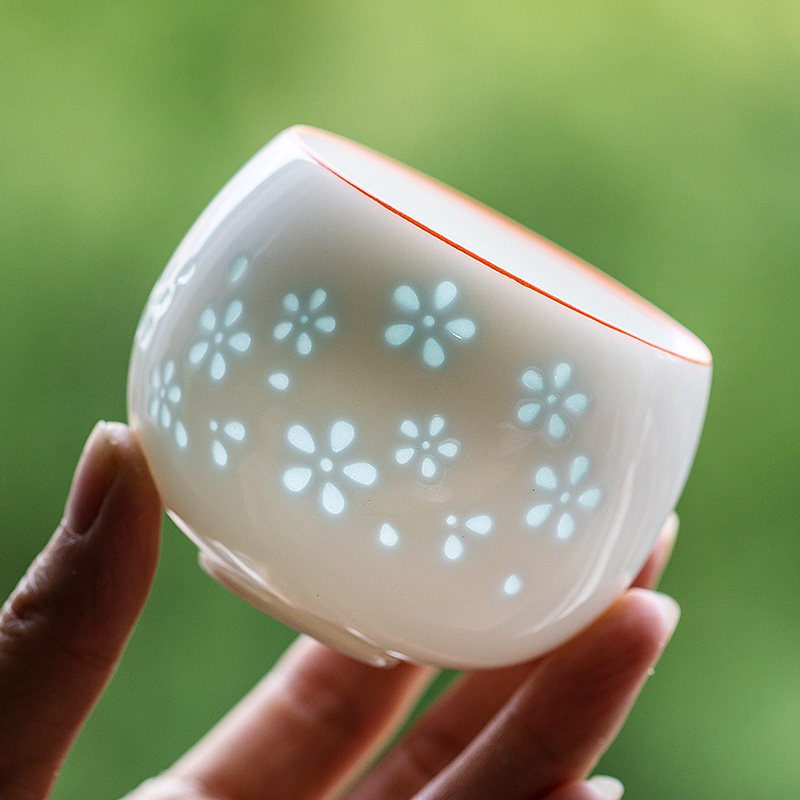 玲珑镂空b功夫茶杯单个品茗杯客厅家用个人专用主人杯陶瓷小单杯