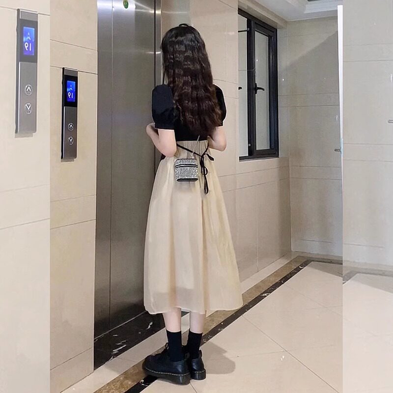 欧洲站2023新款茶歇法式桔梗裙别致独特小众设计感拼接连衣裙女夏