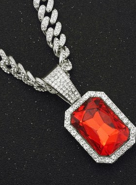 欧美嘻哈说唱男士红宝石吊坠y挂件饰品 潮人炫酷装饰古巴链项链