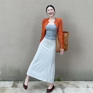 元气感橘色针织开衫女浅灰色针织吊带2024秋季新款两件套