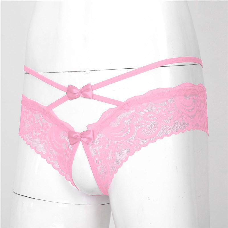 极速.Mens Sissy Underwear See-through Lace Crotchless Thong