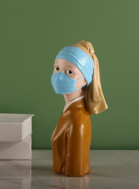 班克西带戴珍珠耳环的口罩少女孩创意房间卧室仙女装饰品礼物摆件