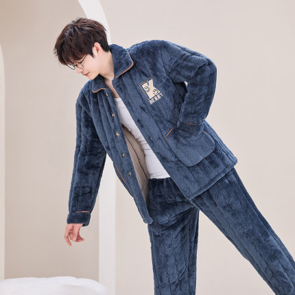 男士睡衣秋冬季三层夹棉袄加厚加绒保暖可外穿女款情侣家居服套装