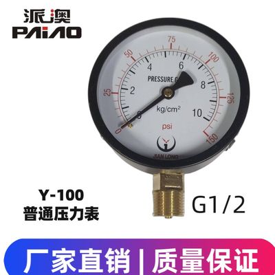 JIANLONG普通表Y100 0-10KG/150PSI压力表气压表水压表4分牙G1/2