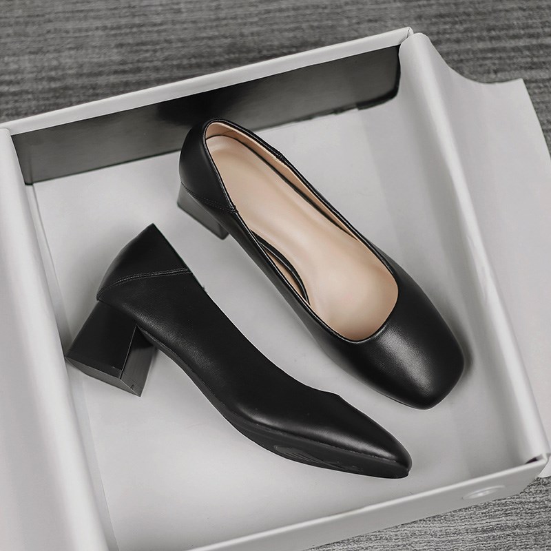 空姐工作鞋女黑色粗跟皮鞋久站不累脚高跟鞋面试酒店防滑职业单鞋