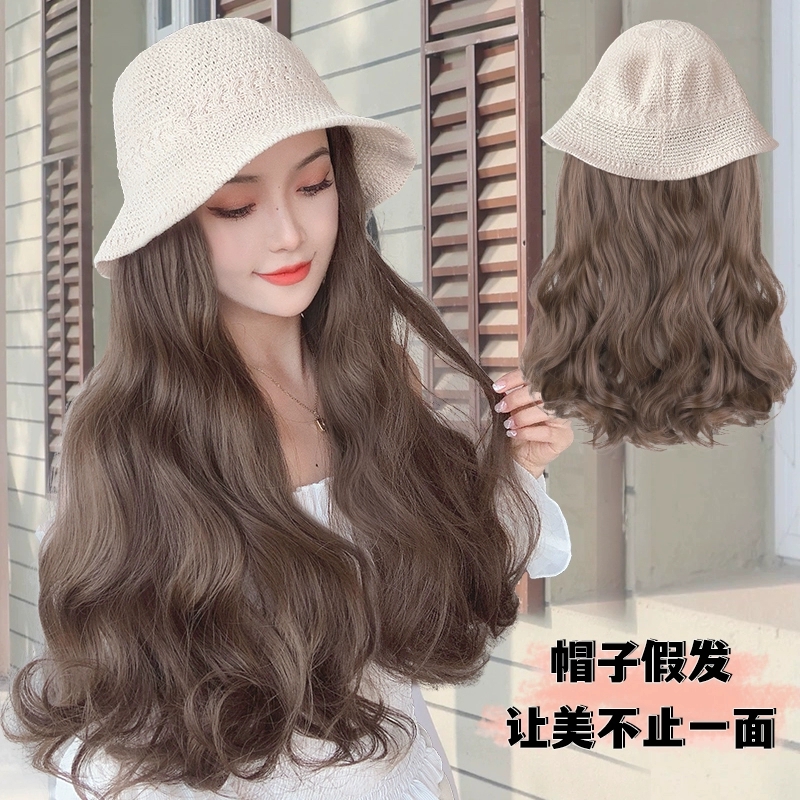 帽子假发一体女i网红带头发时尚镂空编织夏季长卷发遮阳防晒渔夫