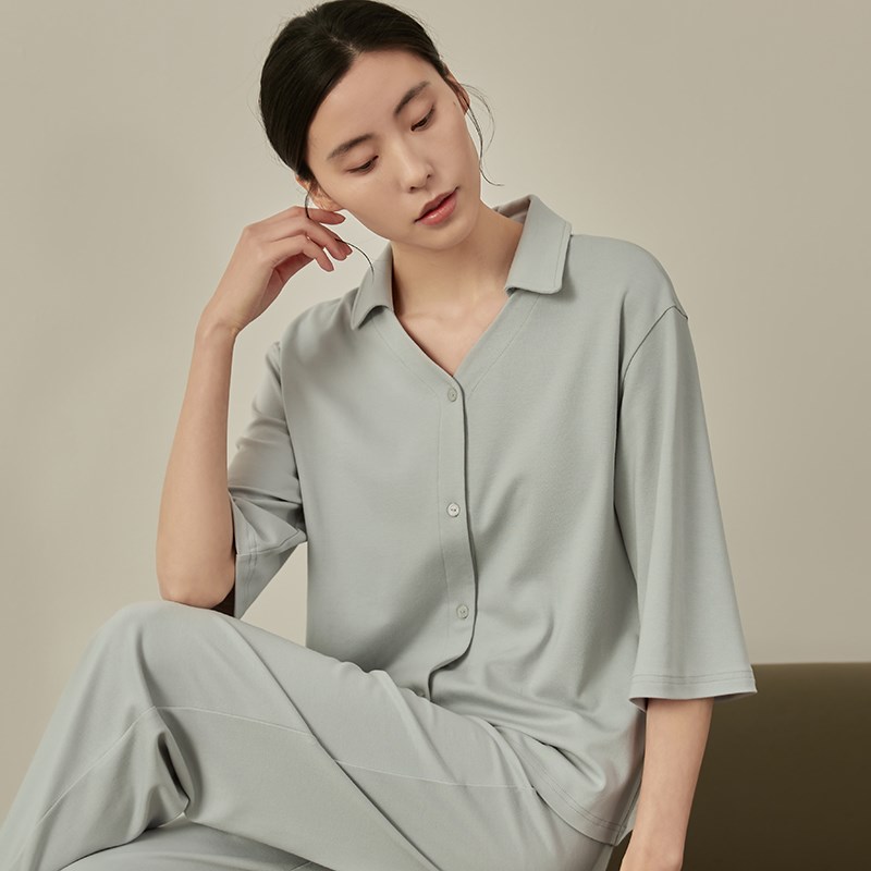 韩版休闲睡衣女春秋开衫两件套半袖长裤简约宽松可外穿家居服套装