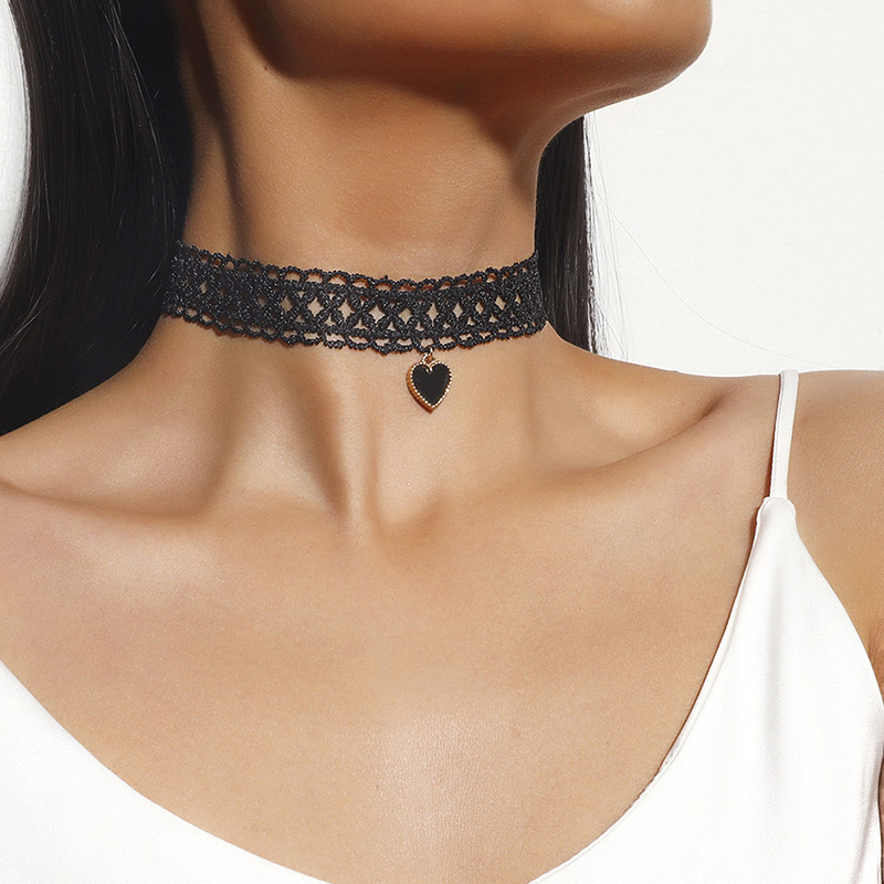 极速Sexy Black Lace Choker Goth Double Layers Love Heart 饰品/流行首饰/时尚饰品新 项链 原图主图