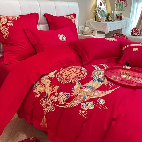 高档中式结婚四件套红色床单龙凤刺绣被套罩纯棉喜被婚庆床上用品