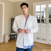 白衬衫 韩版 男长袖 很仙 春夏个性 条纹拼接设计感网红款 假两件衬衫