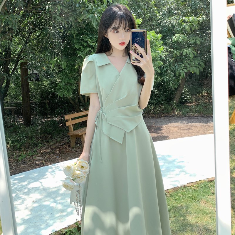 现货绿色设计感收腰显瘦连衣裙女夏天大码胖mm轻熟风港味高级西装