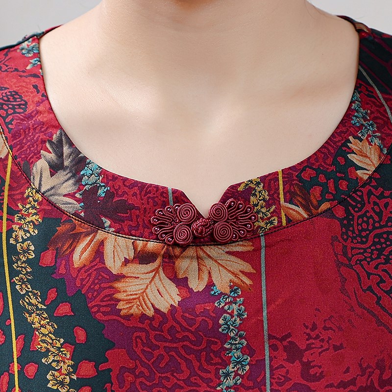 中老年人夏装女奶奶中袖T恤真丝妈妈套装60-70岁80老人上衣服宽松