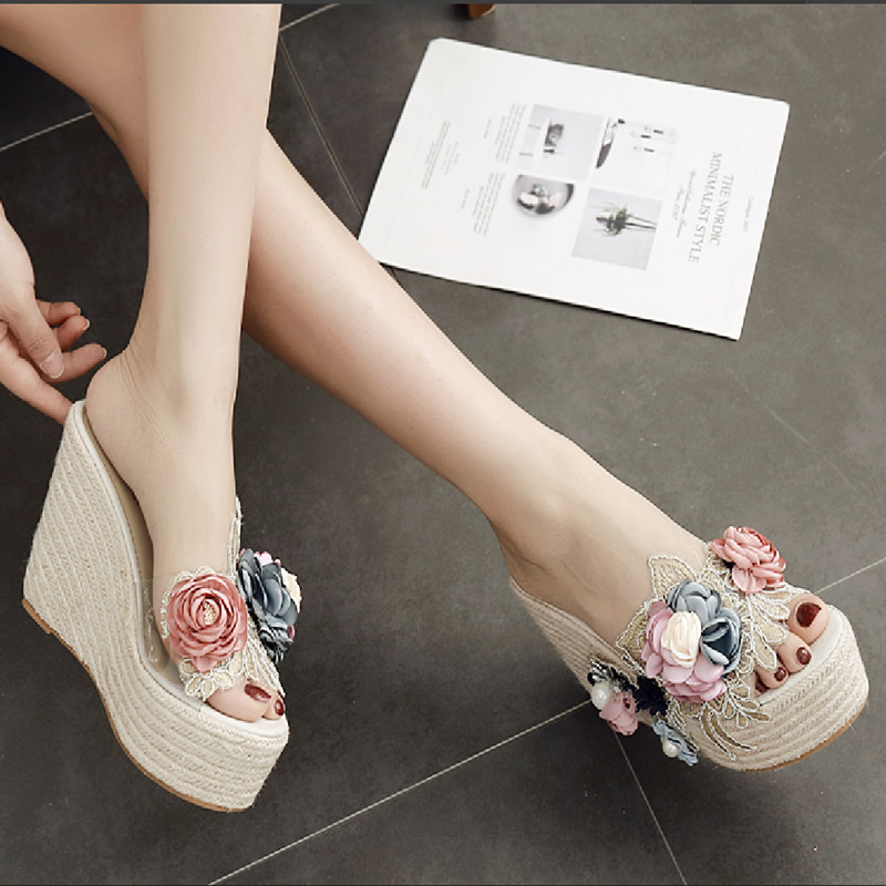 12cm麻绳编织松糕o厚底凉鞋花朵防水台女鞋高跟坡跟凉拖鞋女夏百