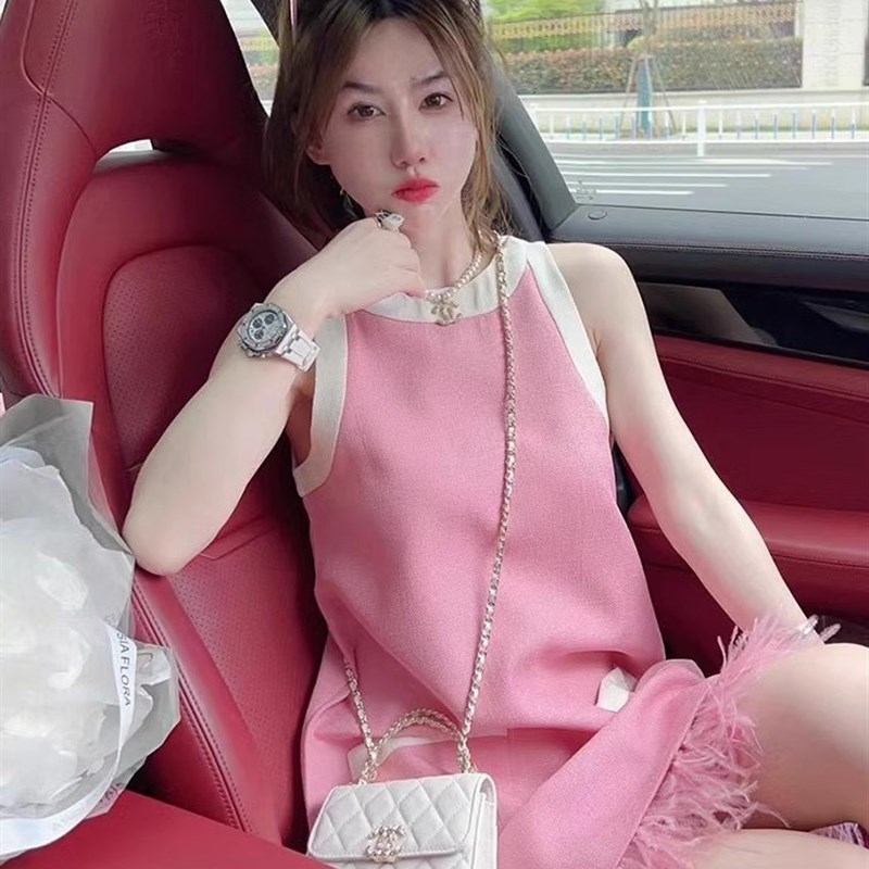 欧洲站法式轻奢精致粉色小清新高级感可盐可甜无袖背心连衣裙夏季