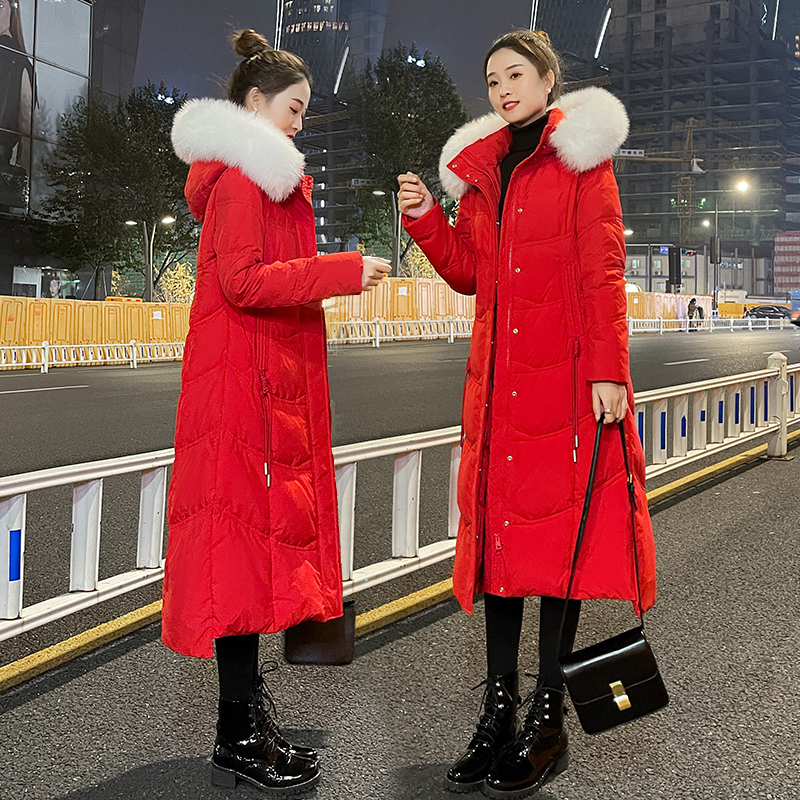 Mealiers红色大毛领羽绒服2023冬季新款韩版中长版白鸭绒加厚外套