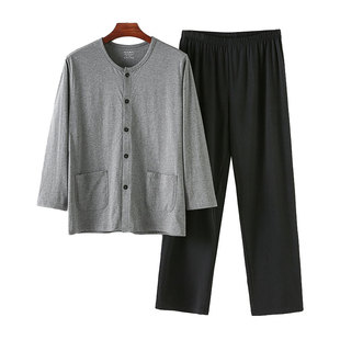 中老年汗布家居服长袖长裤套装男T恤爸爸开衫秋衣薄款老头衫