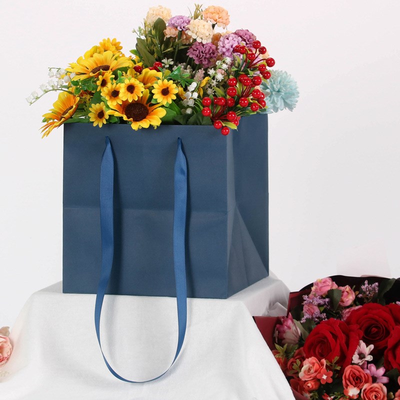 加长提绳宽底花束礼品袋鲜花店手提纸袋I加厚盆栽蛋糕方形纸袋现