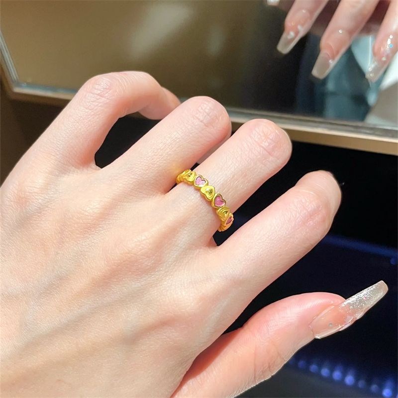 粉色金色交替爱心戒指女小众设计高级感轻奢甜美指环送女朋友礼物