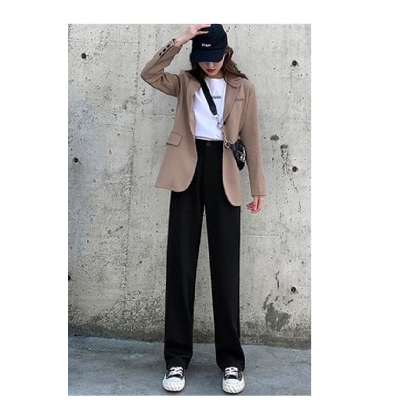 高腰垂感阔腿裤女春o夏薄款宽松直筒显瘦休闲小个子黑色西装裤