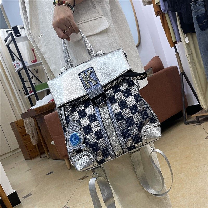 6378-2牛仔亮片方格双肩包女包2023新款多用单肩时尚个性背包防盗,五金/工具,断路器辅助,淘宝优惠券,粉丝福利购,淘宝优惠卷