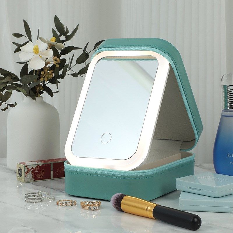 化妆镜折叠便携式一体带灯光镜子多功能桌面O化妆盒旅行首饰收纳