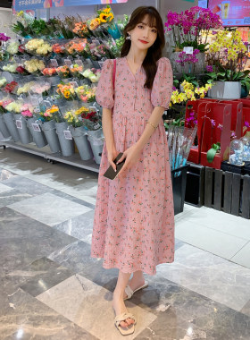 孕妇夏装宽松碎花雪纺V领连衣裙中长款夏天网红款遮肚显瘦A字上衣
