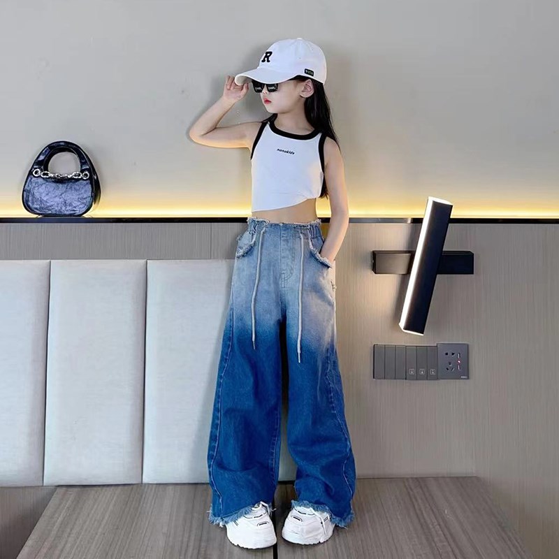 女童套装夏季牛仔裤薄款2024新款洋气时髦女大童潮酷背心阔腿裤子