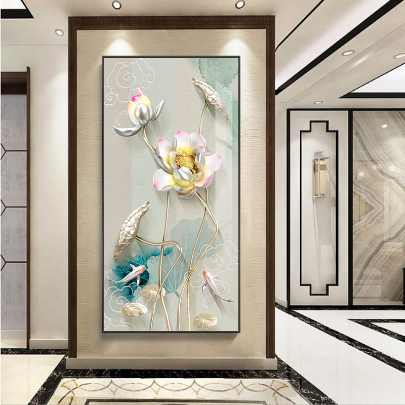 新中式荷花玄关装饰画简约现代客厅走廊过道背景墙挂画入户玄关画图片
