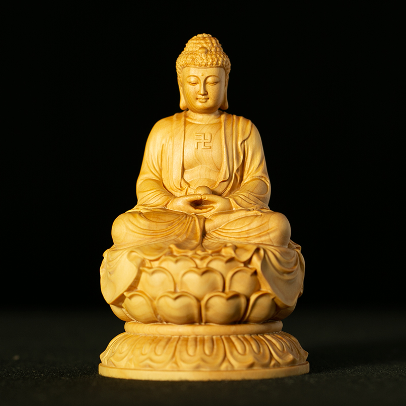 小叶黄杨木雕刻坐莲三宝佛家居实木阿弥陀佛大日如来汽车佛像摆件