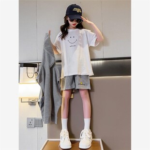 女童夏装套装2024夏季新款韩版连帽卫衣马甲短裤儿童装运动三件套
