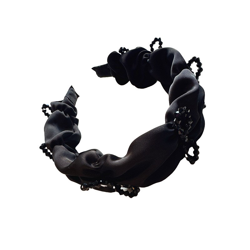 黑色高级感缎面宽版褶皱发箍女高颅顶气质水晶蝴蝶结Y头箍新款发
