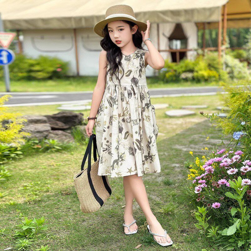 女童夏季纯棉连衣裙2024新款洋气中大童碎花裙儿童无袖裙沙滩裙子