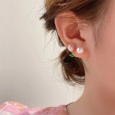 新品French Light Luxury Pink Tulip Flower Pearl Stud Earring