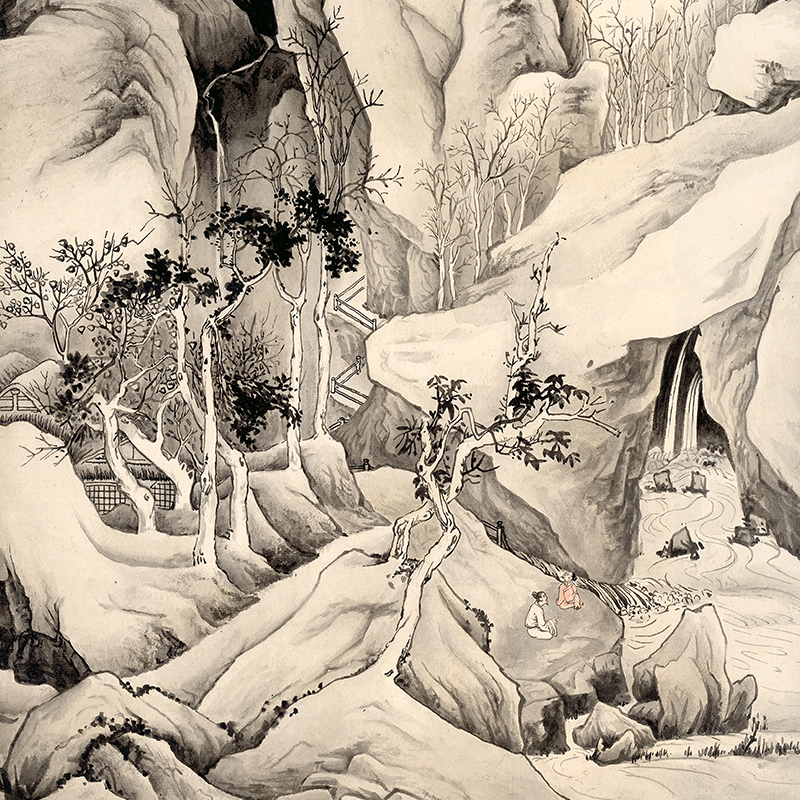 现货速发唐伯虎山水画春山伴侣图丝绸画竖幅字画装饰画办公室客厅