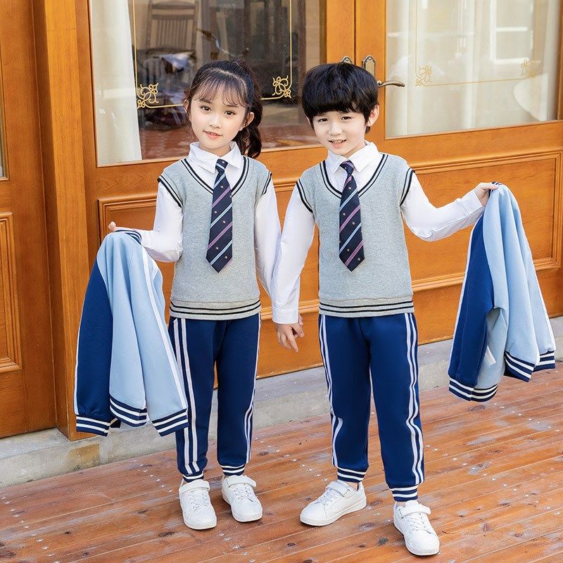 小学生校服春秋蓝色棒球服领单排扣套装幼儿园单件长裤假两件马甲